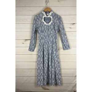 Vintage Jody of California Dress Womens 7 Blue Prairie Heart Keyhole USA 80s